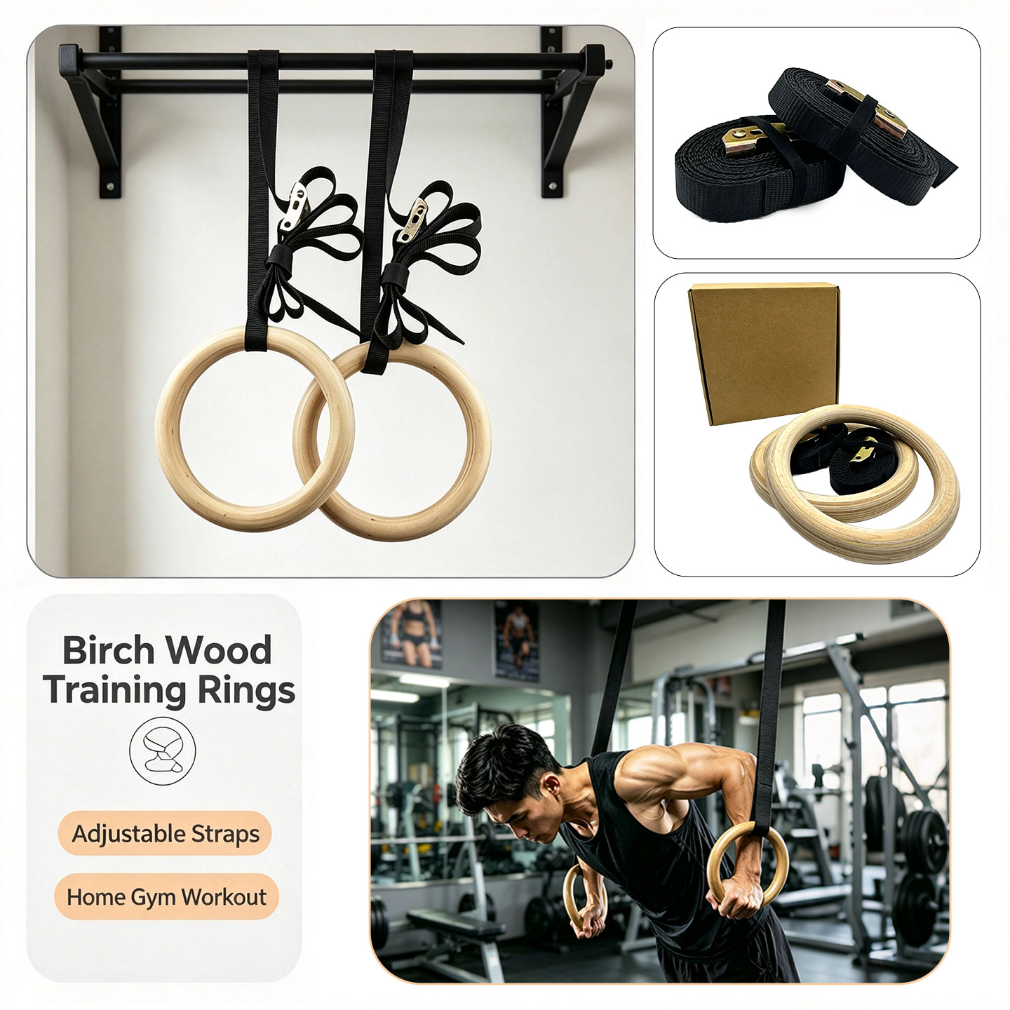 白樺材を使用した体操用リング。調整可能なカムバックルストラッ - Gymnastic Ring Wood のレビューと価格